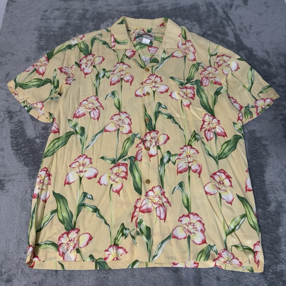 Vintage Paradise Found Hawaiian Button Up Shirt Mens Size Large Rayon Yellow